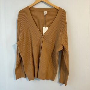 A New Day Ribbed V Neck Button Front Cardigan Tan Long SleevWomen's 2X Professor